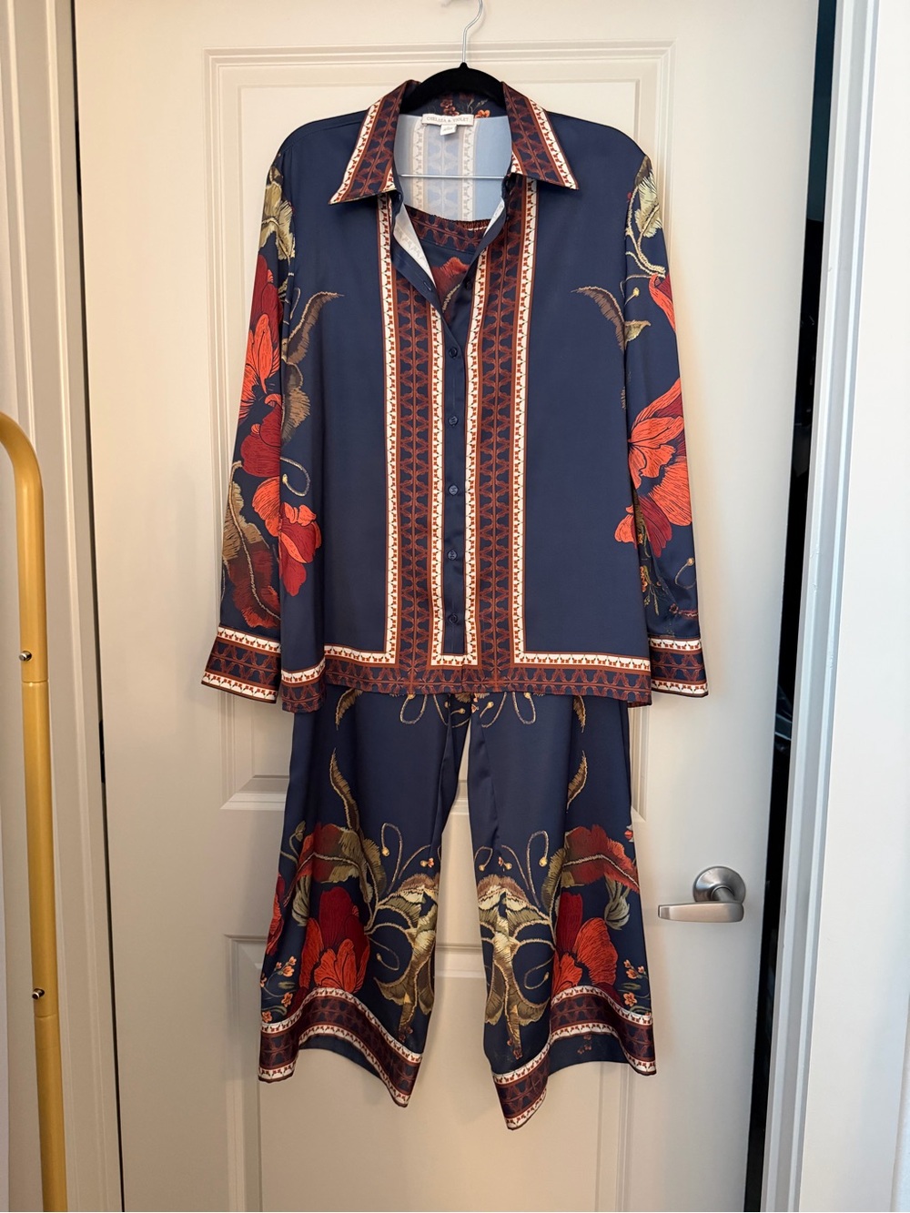 Chelsea & Violet Navy Satin Wide-Leg Pajama Set with Red Floral Print